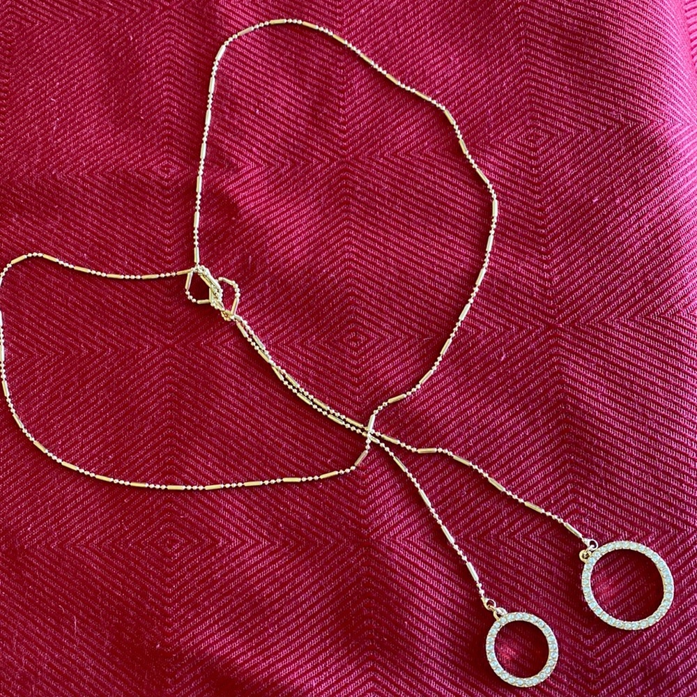 GOLD TONE RHINESTONE LONG LINK DROP DOWN RINGS NECKLACE